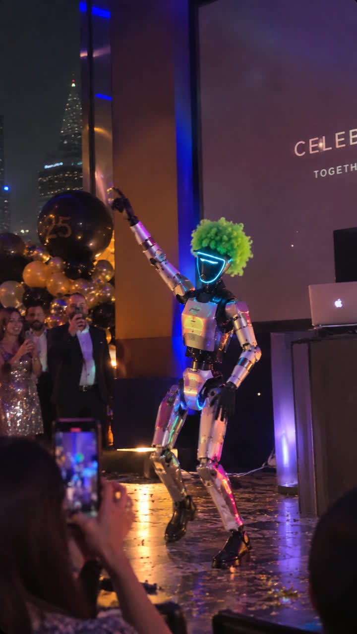 Robot in a green wig entertaining celebration guests