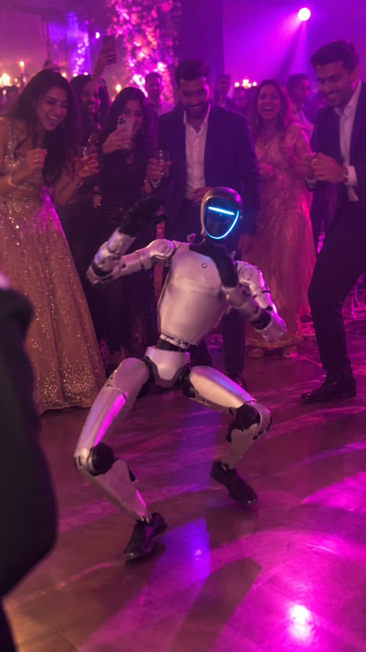 Robot on a purple-lit dance floor