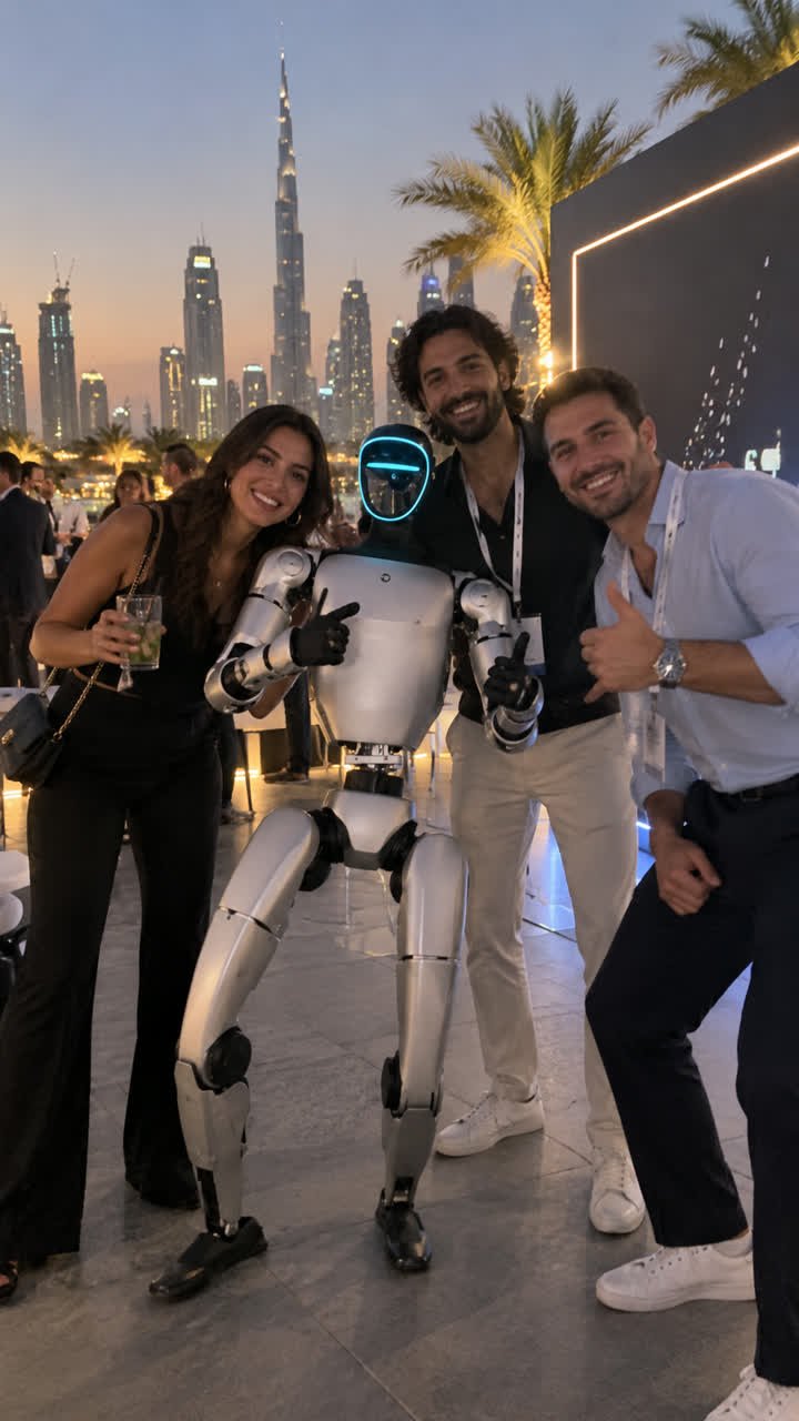 Guests posing with a humanoid robot outdoors