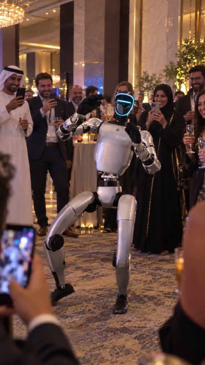 Robot entertaining guests at an indoor celebration