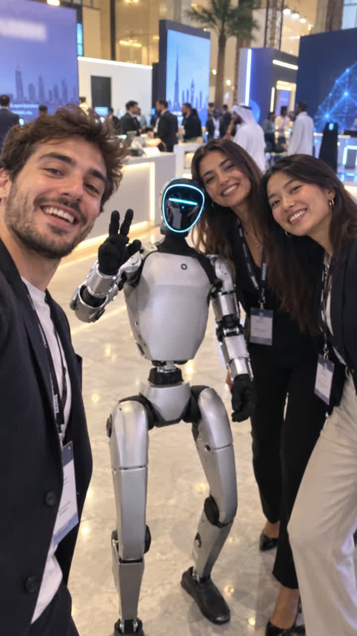 Guests taking a selfie with a robot